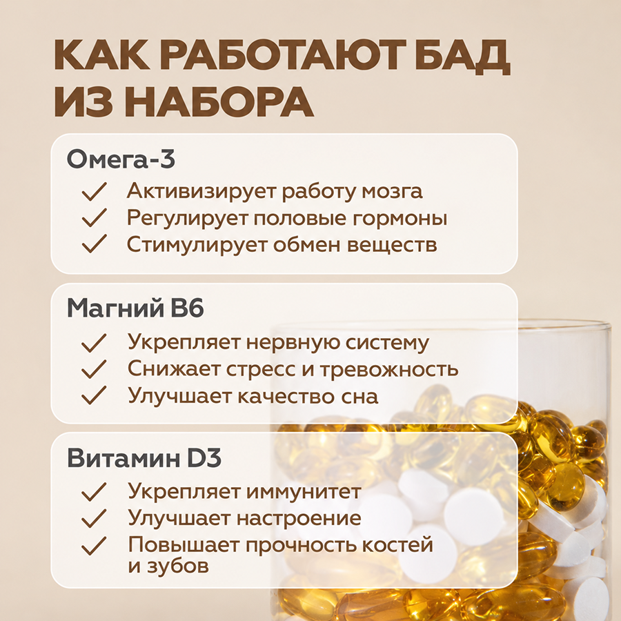 Набор «Здоровье» (Витамин Д3 МАКС, Омега-3, Магний В6)